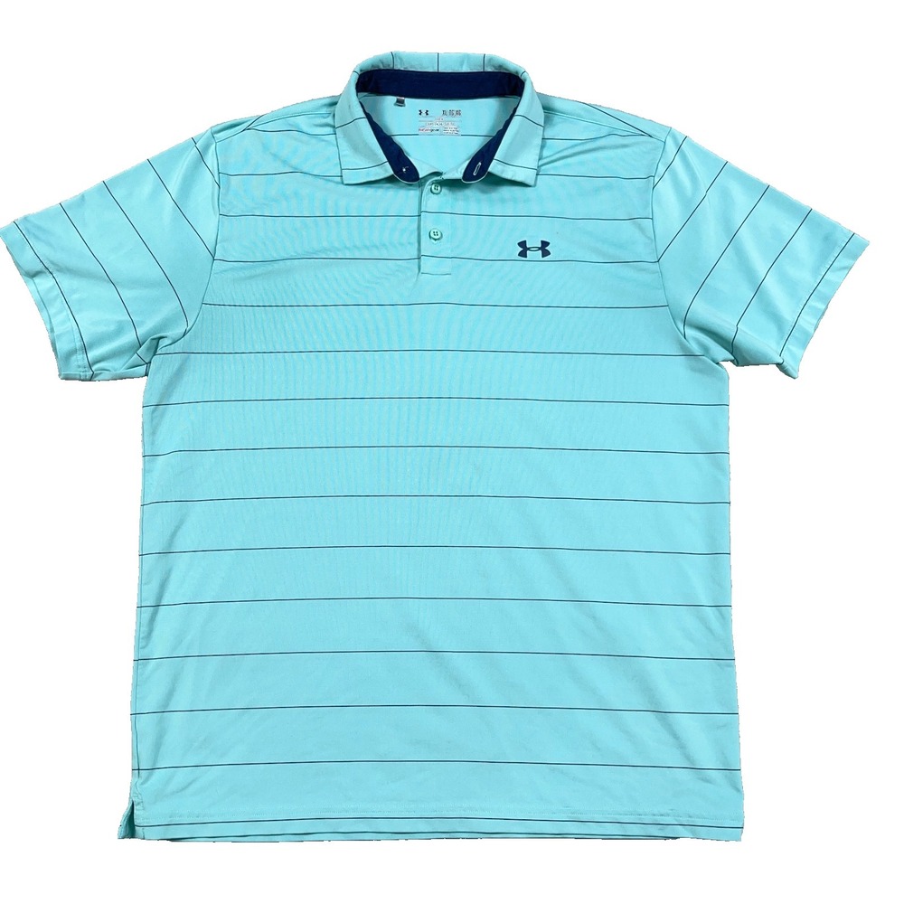 Under Armour Polo Shirt Men XL Teal Blue Striped Loose Fit Heat Gear Performance